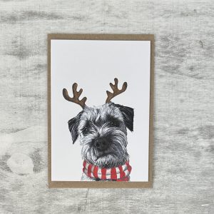 Border Terrier with Reindeer Ears Christmas Card