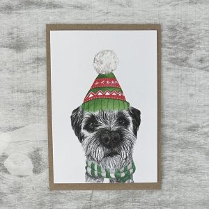 Border Terrier with Bobble Hat Christmas Card