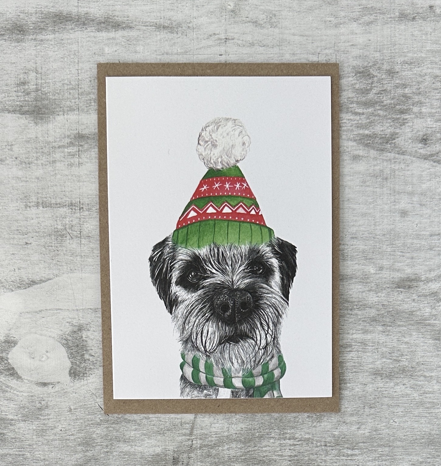 Border Terrier with Bobble Hat Christmas Card