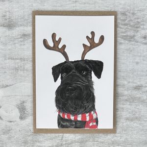 Black Schnauzer Reindeer Ears Christmas Card