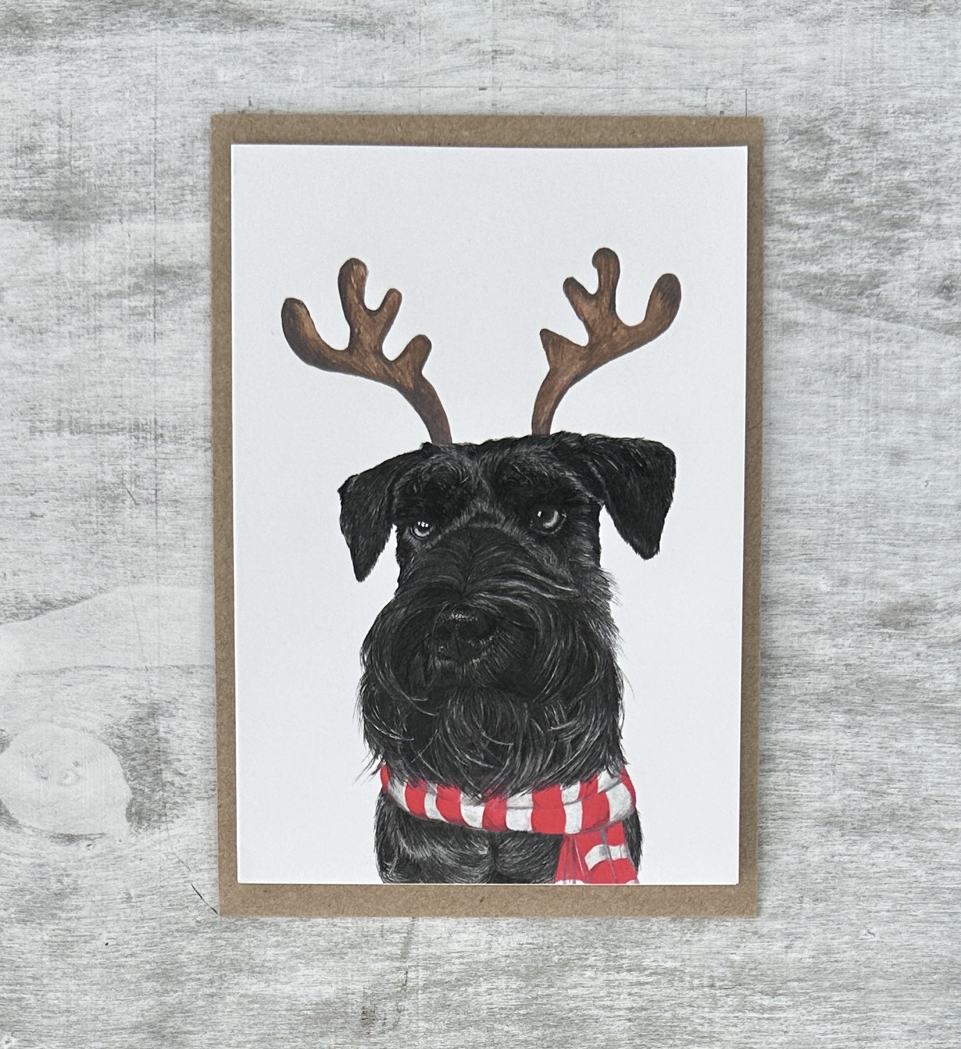 Black Schnauzer Reindeer Ears Christmas Card